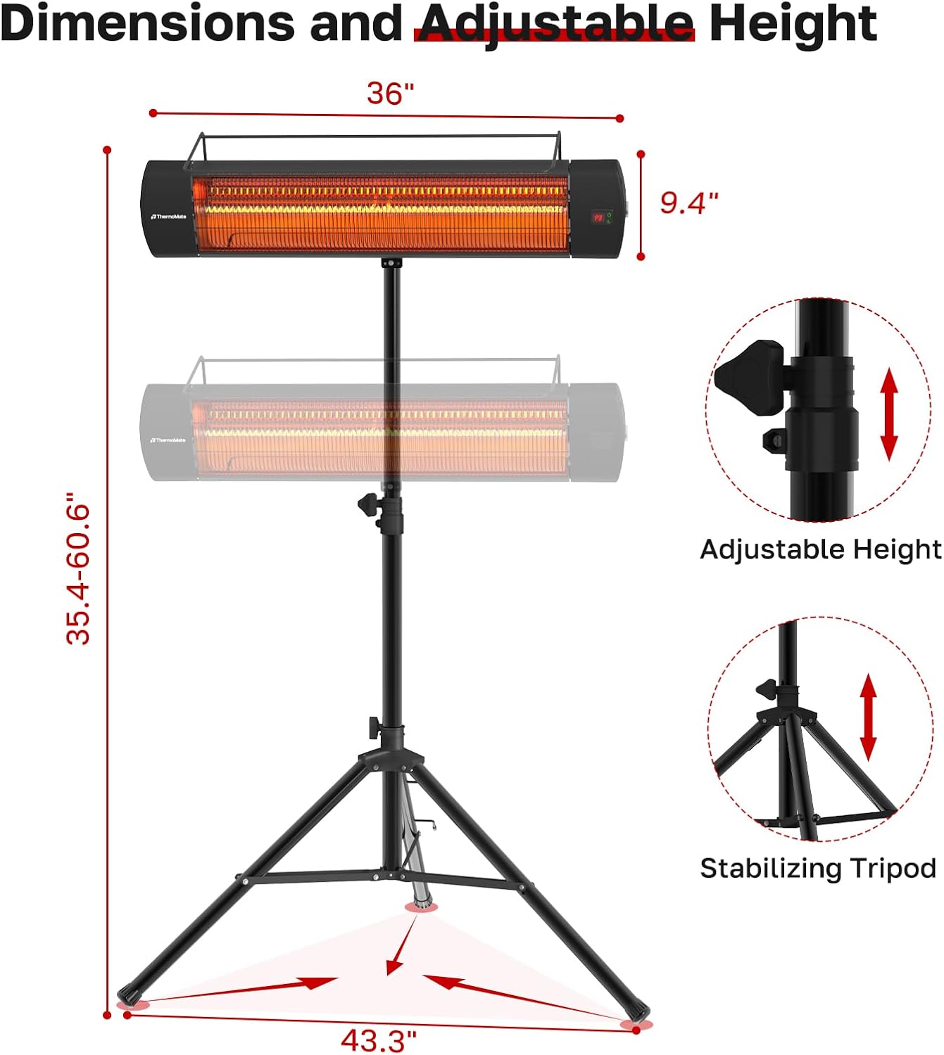 ThermoMate Infared Patio Heater for Outdoor with Tripod, Electric 1500W IP65 Waterproof with Remote, 3 Heating Levels & 24H Timer for Restaurant Backyard, Plug-in 120V Black
