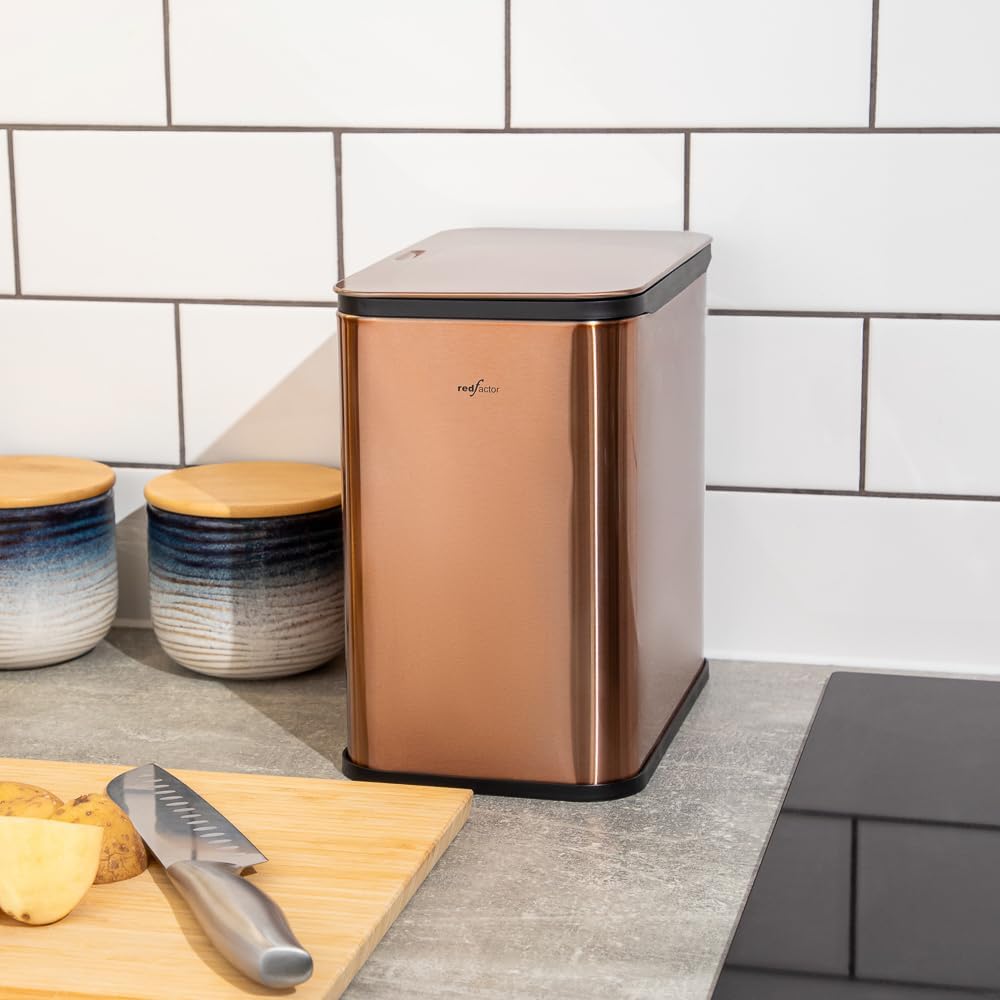 RED FACTOR Stainless Steel Hanging Trash Can with Lid and Inner Bucket – Slim 1.3 Gallon Odor-Free Compost Bin for Kitchen Cabinet, Countertop, Under Sink, or Bathroom (Copper)