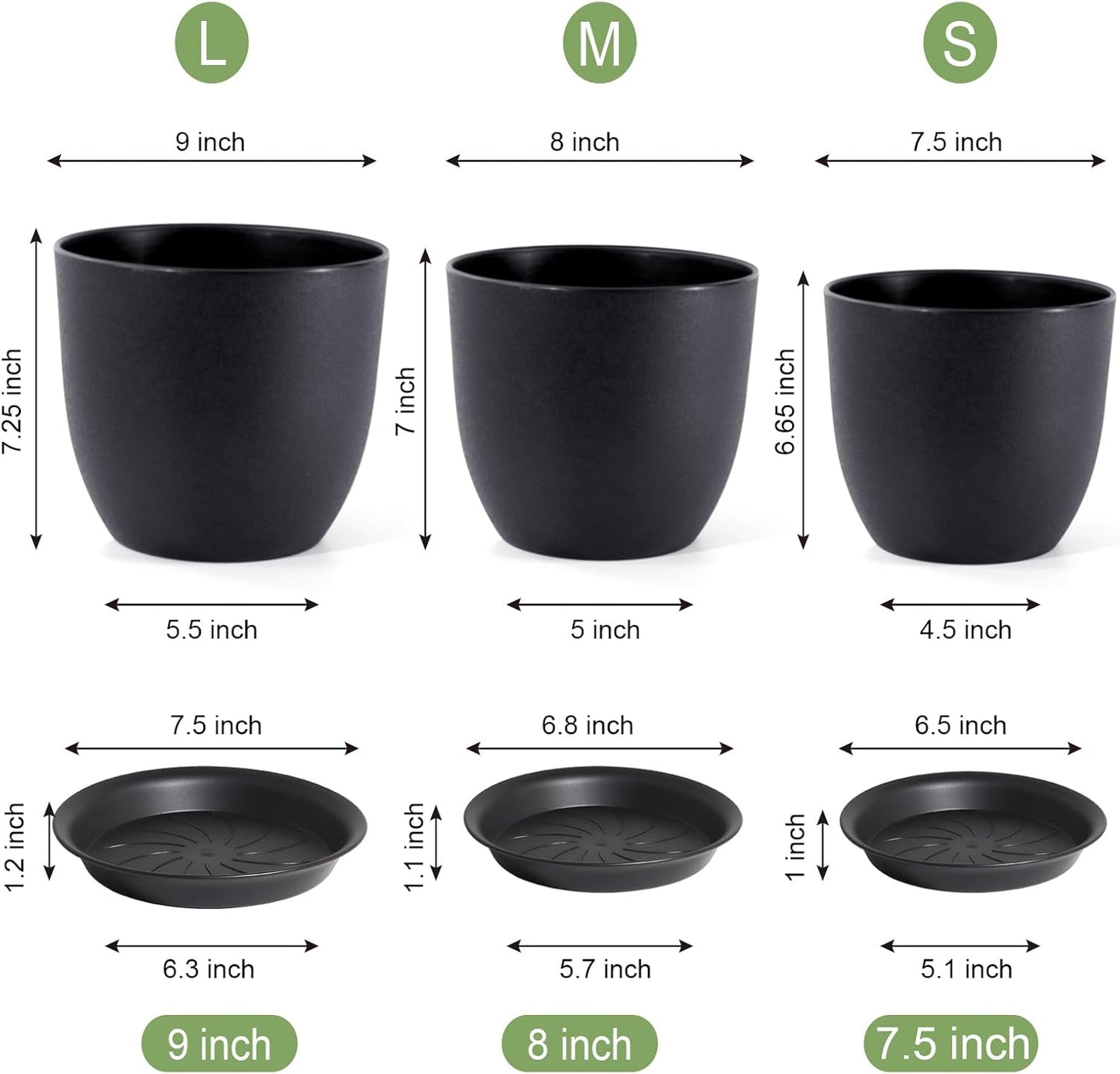 9/8/7.5 inch Plant Pots, Set of 3 Modern Decorative Plastic Planters with Drainage Holes and Tray, Flower Pots for Indoor Outdoor Plants, Black