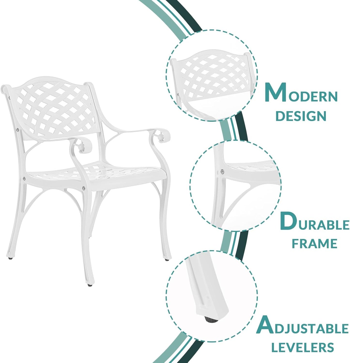 MEETWARM 3 Piece Patio Bistro Set, Outdoor All-Weather Cast Aluminum Dining Furniture Set Includes 2 Chairs and a 35.4” Round Table with Umbrella Hole for Garden Deck, White