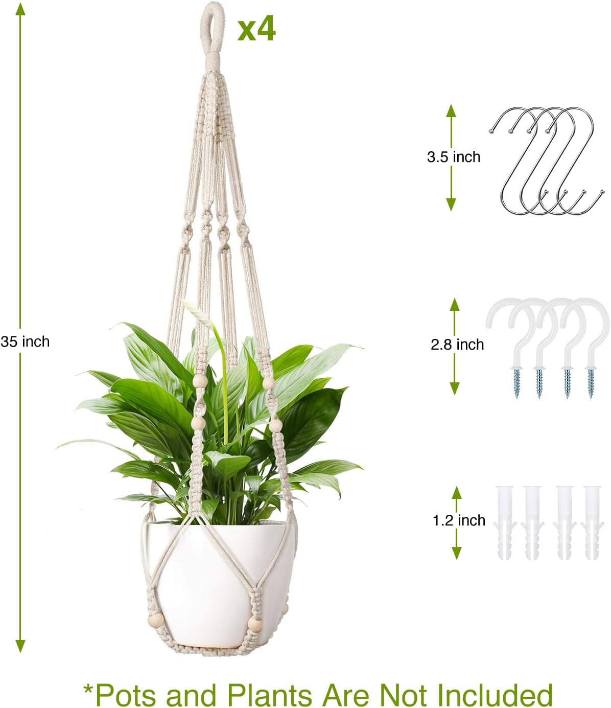 Macrame Plant Hanger Indoor Set of 4 with 8 Hooks, Indoor Outdoor Hanging Planter for Plants Holder with Decorative Wood Beads & No Tassels, Boho Home Decor, 35 Inch Ivory (Pots Not Included)