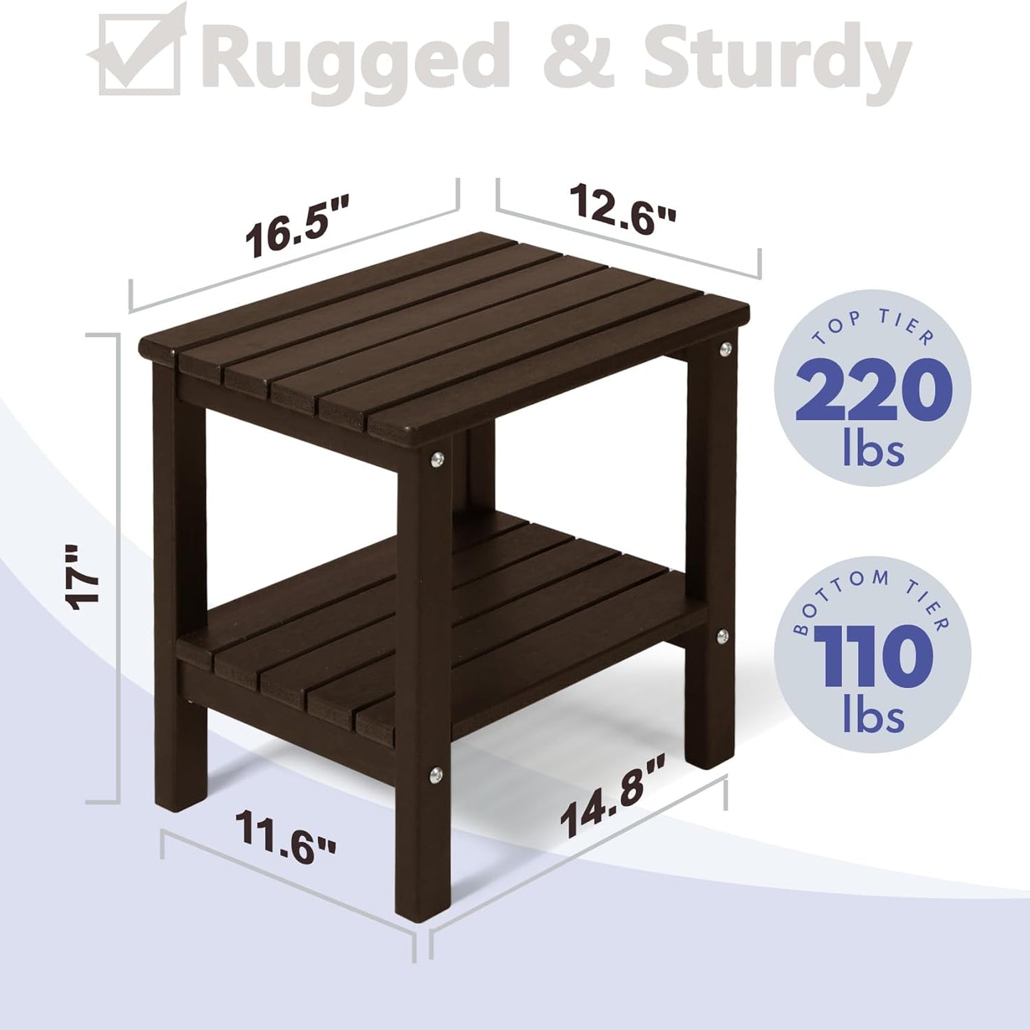 PASAMIC 2-Tier Adirondack Square Side Table, 17" HDPE Outdoor Side Tables, Weather Resistant End Table for Patio, Backyard, Pool, Indoor Companion, Beach, Easy Maintenance (Brown)