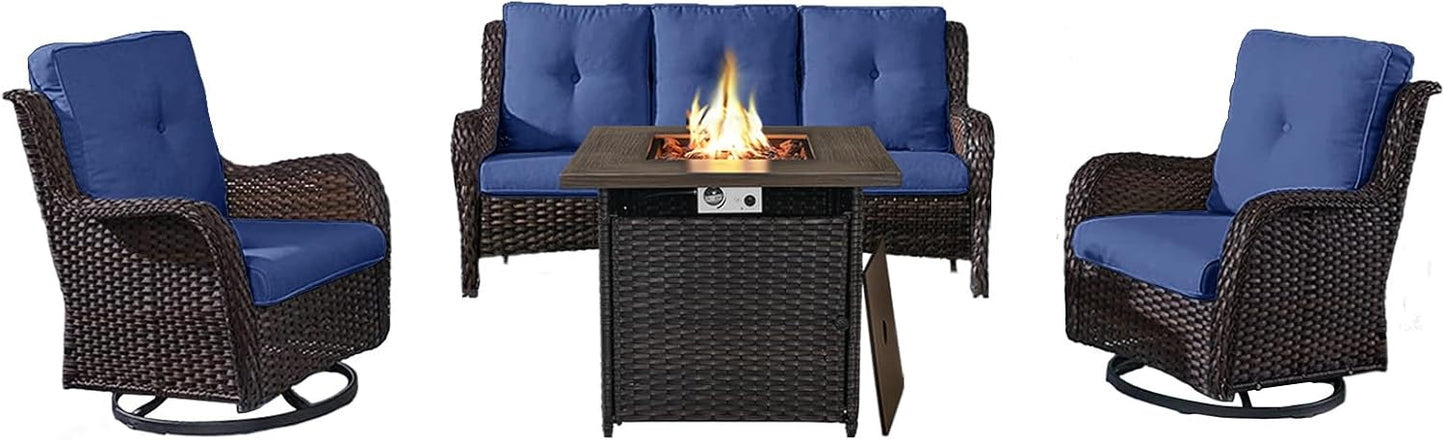 Outdoor Patio Furniture Set with 50000BTU Propane Fire Pit Table, 4 Pieces Wicker Patio Conversation Set with 2 Swivel Rocker Glider Chairs Rattan Sofa Blue Cushion Perfect for Casual Gathering