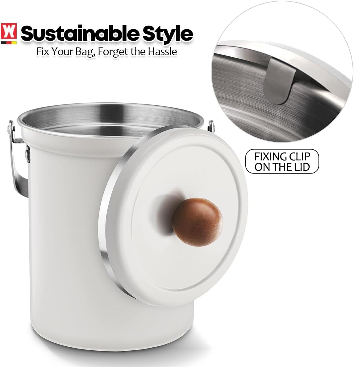 Kitchen Countertop Compost Bin 101ounces / 3Liters, Airtight Lid SUS304 Stainless Steel Odor-Free Food Waste Bin with Wooden Handle Stylish Design/Bathroom Trash Can (White)