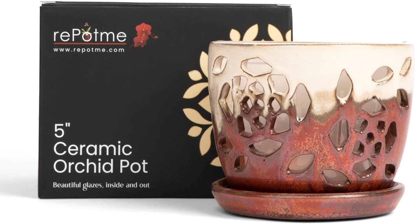 rePotme Orchid Pot - 5 inch Floral Cutout Ceramic Orchid Pot with Holes (Honey Cream Over Copper) - Includes 5 inch Slotted Pot Liner