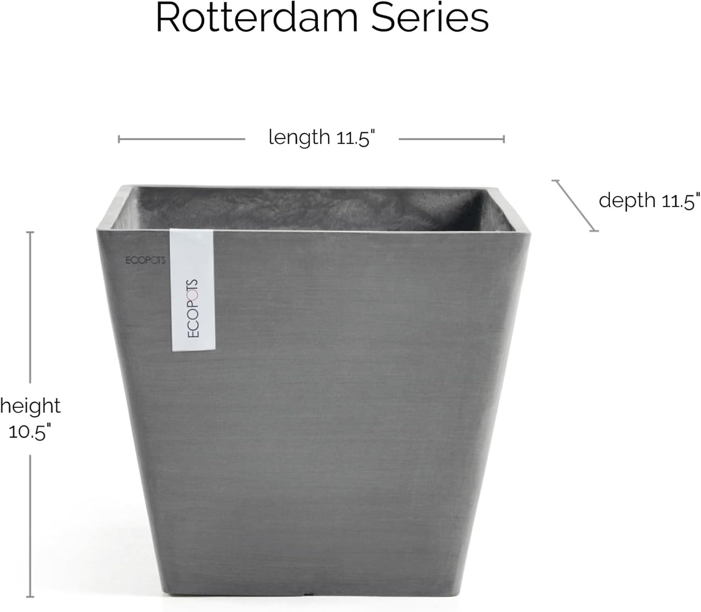 Ecopots Rotterdam Durable Modern Square Indoor/Outdoor Recycled-Based Composite Flower Planter, Grey, 12"
