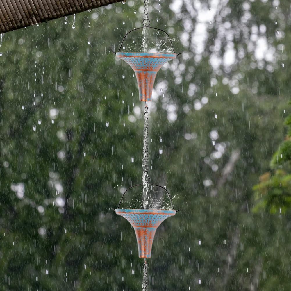10 Ft Rain Chains for Gutters, Metal Rain Catcher Chain for Eaves Drainage, Rain Gutter Chains with 10 Blue Funnel Cups, Adjustable Rain Chain for Outdoor Decor