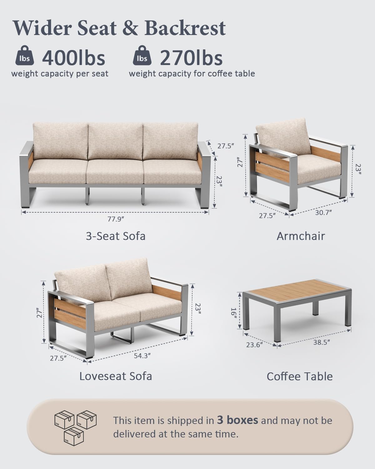 ZANDOR Aluminum Outdoor Patio Furniture - 1 Pcs Loveseat and Coffee Table, All-Weather Metal Modern Outside Furniture with Washable Thick Cushion for Garden/Backyard/Porch, Silver