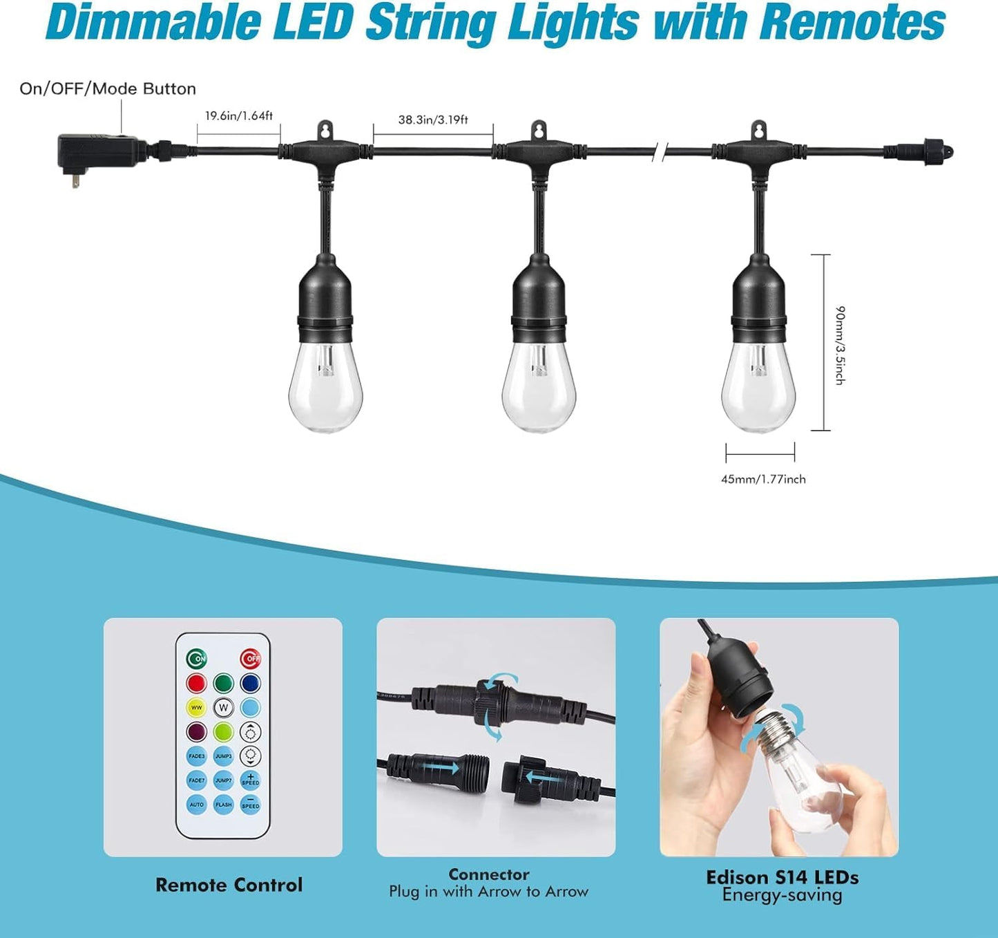 Auroraworld Outdoor String Lights, 96FT Color Changing Patio Lights Outdoor for Patio