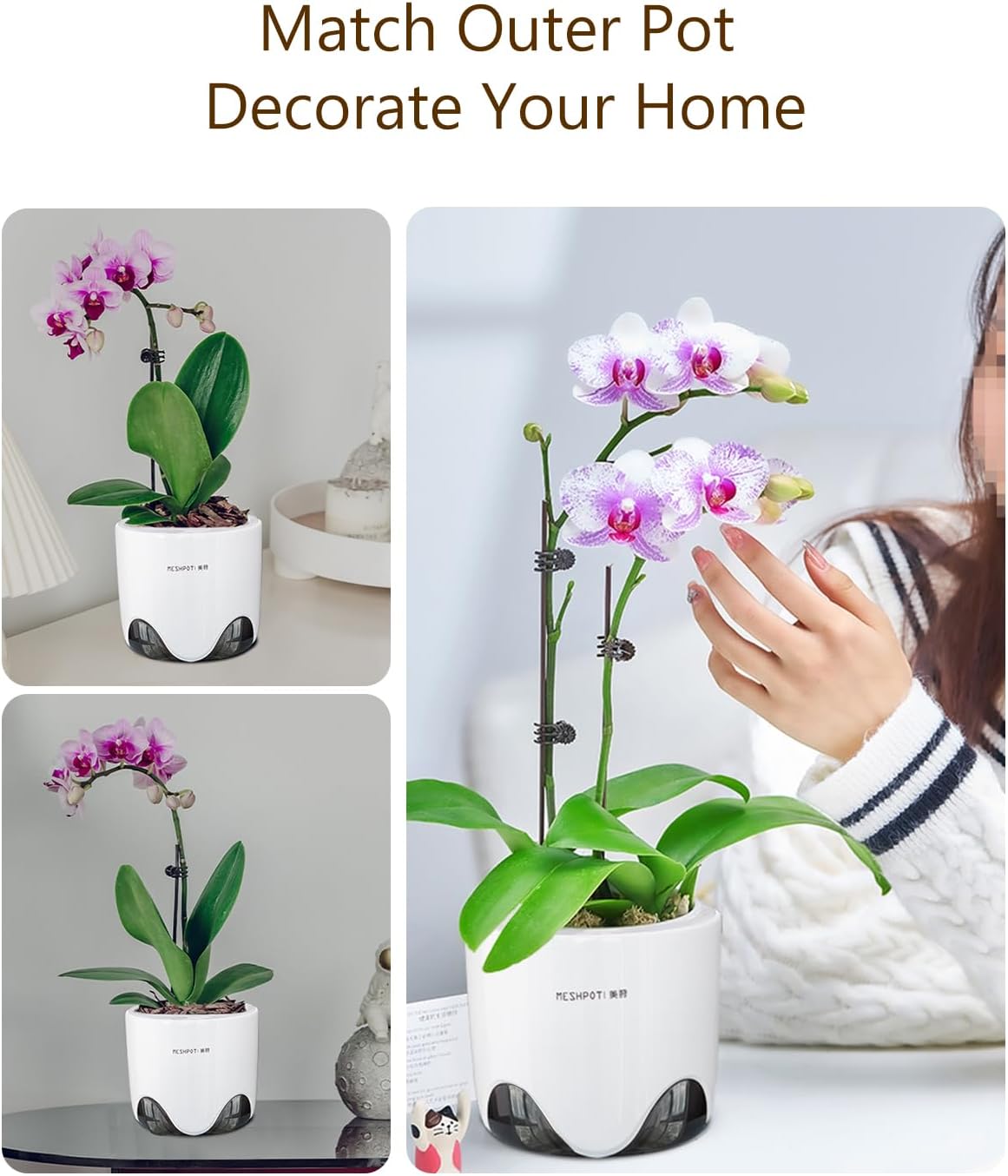 6 inch Orchid Pots with Holes for Repotting with Excellent Airflow, Set of 2, Double Layer Plastic Imitate Ceramic Orchid Planter, Clear Orchid Pot Match Decorative Orchid Container