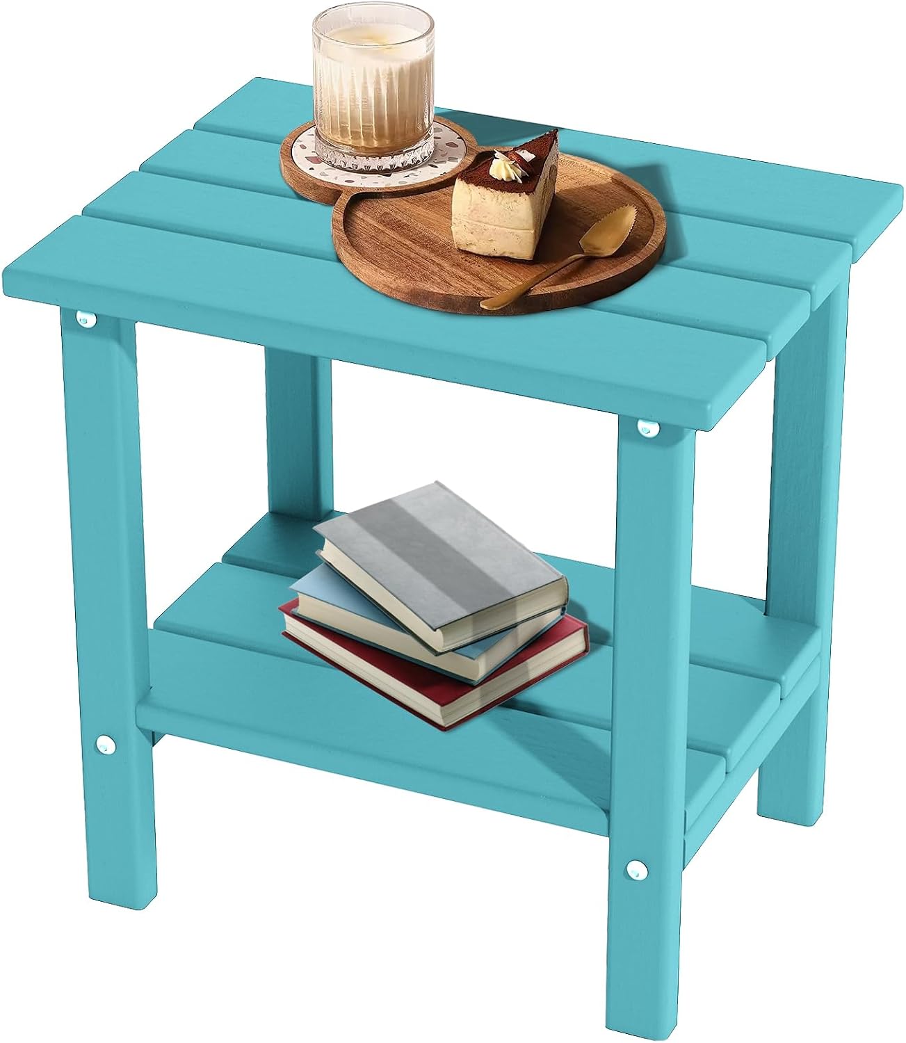 Outdoor Side Table, Weather Resistant HDPE Outdoor Table, 2-Tier Small Patio Tables for Outside or Indoor (Aruba Blue)