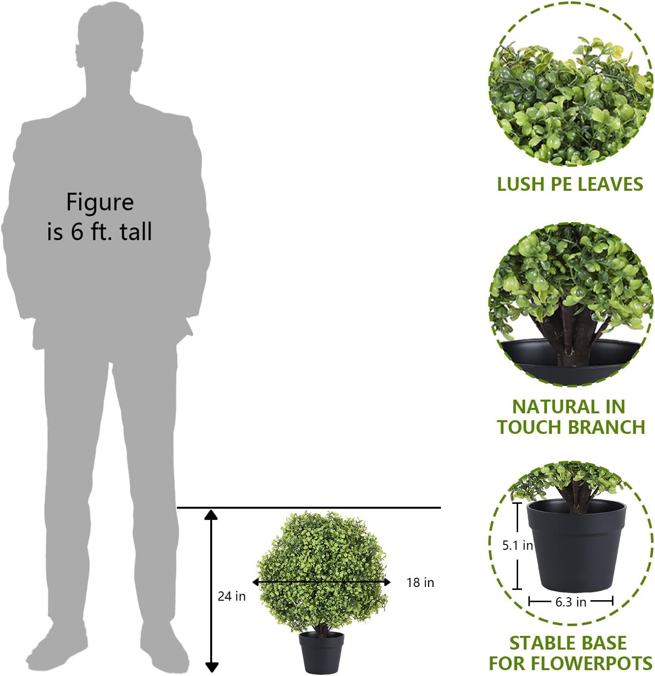 THE BLOOM TIMES 2ft Boxwood Topiary Ball Trees Artificial Outdoor Set of 2, 24" Faux Evergreen Plants Outside UV Resistant Greenery, Fake Potted Bushes and Shrubs for Front Porch Planter Patio Decor