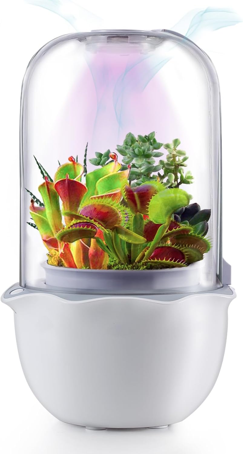 Smart Venus Fly Trap Terrarium Pot with Timer&Fan,Succulent Planter with Grow Light,Indoor Plant Terrarium Kit for Carnivorous Plants,Sundew Moss,Cactus, for Dad (No Plant)