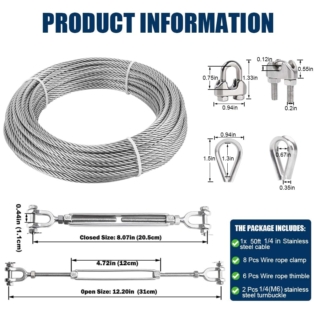 1/4" Wire Rope Kit, 50ft Stainless Steel Cable with 2Pcs 1/4 Turnbuckle, Clamp & Thimble, 7x19 Strands Heavy Duty Metal Cable,1400 lbs Load Limit, Turnbuckles for Cables Wire, Zipline