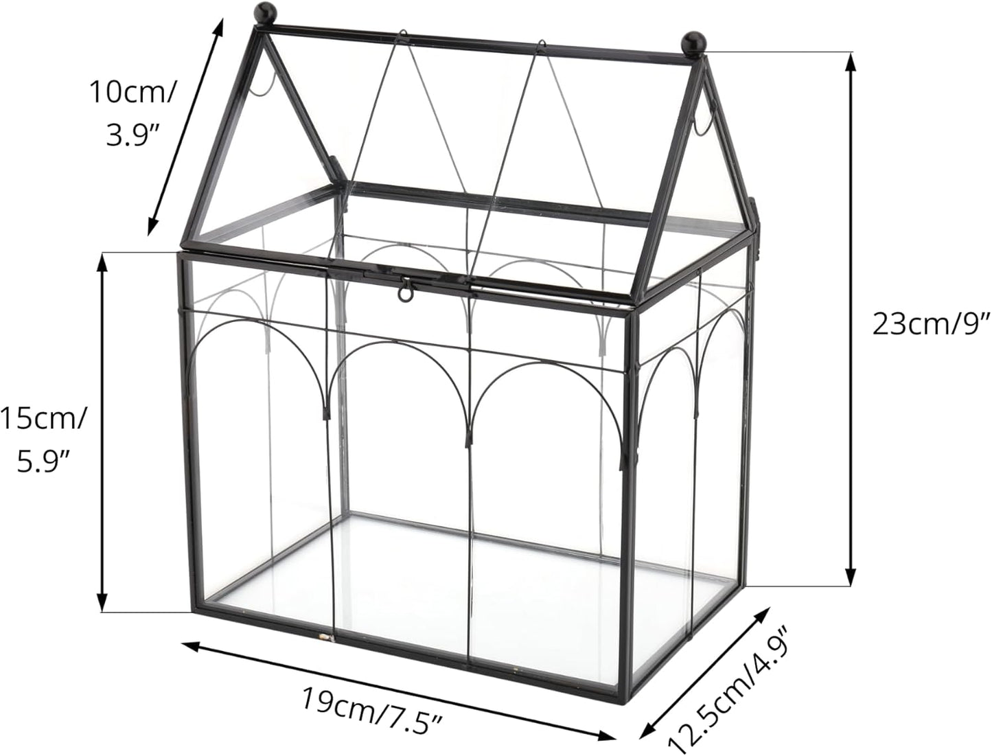 NCYP Glass Terrarium with Lid for Cacti, Succulents, Small Plants - 7.5 x 4.9 x 9 inches Closed Geometric Planter Box - Home Indoor Tabletop House Shape Decorative, Black (Terrarium Only)