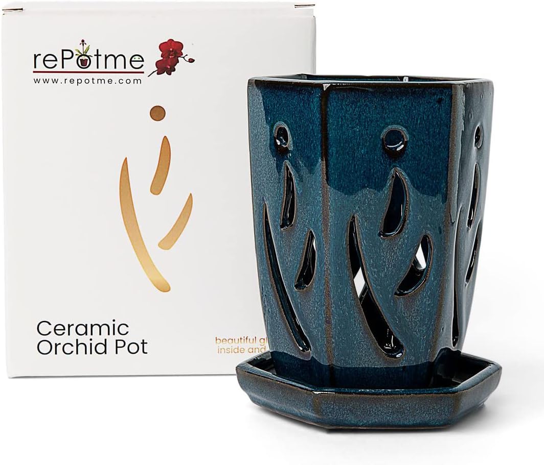 rePotme Orchid Pot, 4 x 6 inch Hexagon Ceramic Orchid Pot with Holes and Matching Saucer (Teal Jade)