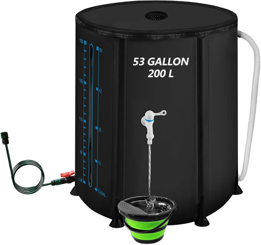 Collapsible Rain Barrel, 53 Gallon/200 L Portable Rain Water Collection Barrel, PVC Rainwater Collection System with Spigotst, Water Barrel with Bucket for Garden Water Catcher (Black, 53 Gallon)