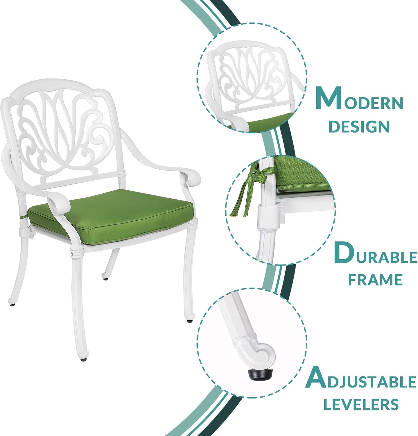 MEETWARM 3 Piece Patio Bistro Set, Outdoor All-Weather Cast Aluminum Dining Furniture Set Includes 2 Cushioned Chairs and a 35.4” Round Table with Umbrella Hole for Garden Deck, White