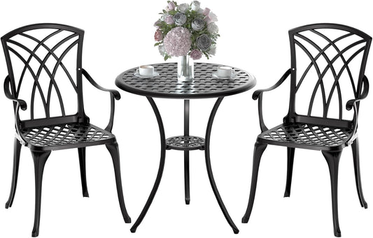 Patio Bistro Set 3 Piece, Cast Aluminum Bistro Set for 2 w/Umbrella Hole, Outdoor Table and Chairs Set of 2, Bistro Set for Balcony/Backyard/Garden, Black