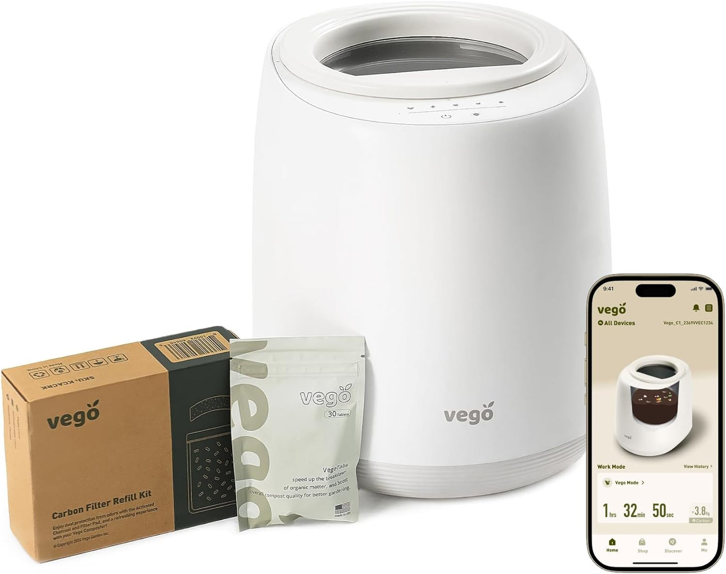 Vego Kitchen Composter, 4L Electric Composter Countertop 5 Modes Weight-Based Smart Compost Bin with App Odorless Auto-Cleaning Food Waste Compost Machine Indoor, White