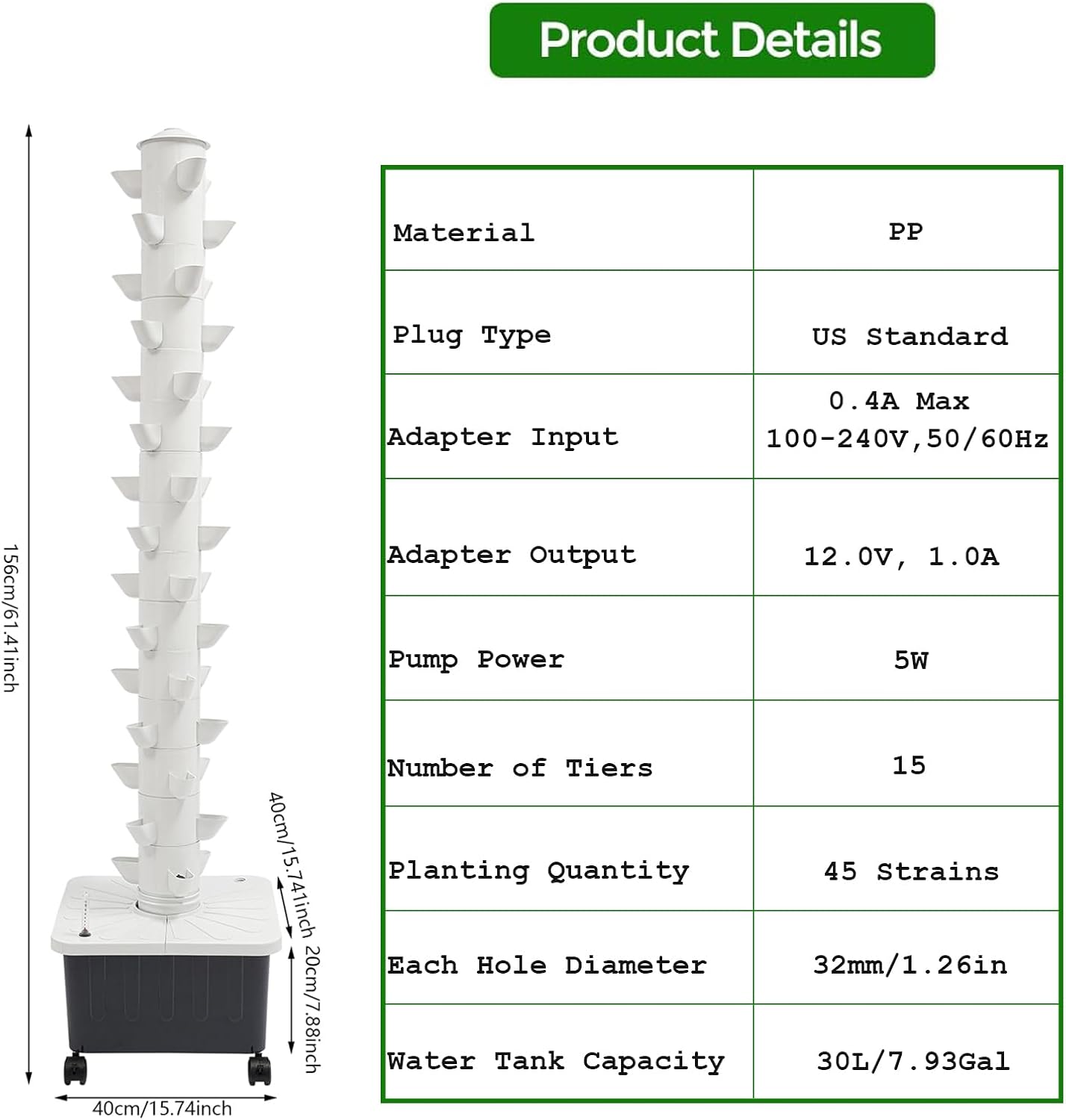 15-Tier Hydroponic Growing Tower, 45-Plant Vertical Garden Kit with Water Pump, Hydroponics Tower Growing System with 4 Wheels for Herbs, Vegetables, Strawberries (White)