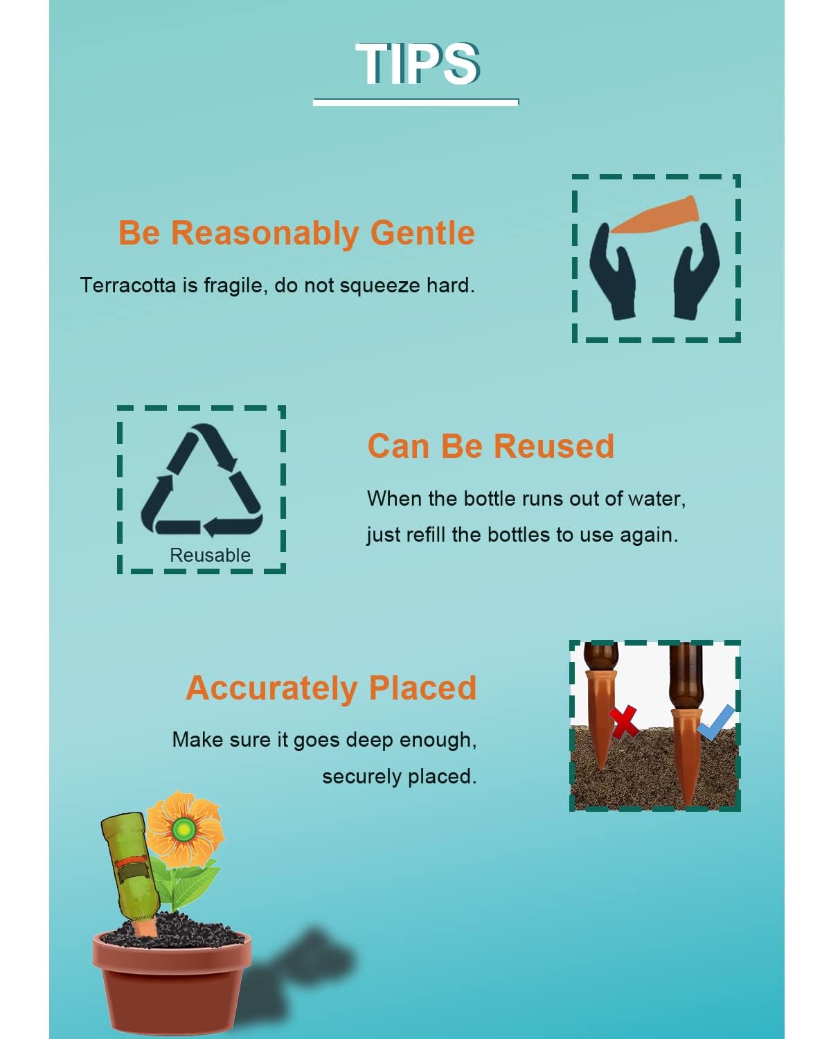 10pcs Terracotta Watering Spikes - Automatic Self Watering Stakes, Plant Watering Devices for Wine Bottles Recycled Bottles, Clay Plant Garden Waterers for Vacations