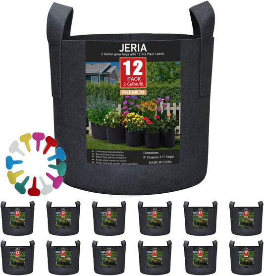 JERIA 12-Pack 2 Gallon, Vegetable/Flower/Plant Grow Bags, Aeration Fabric Pots with Handles (Black), Come with 12 Pcs Plant Labels