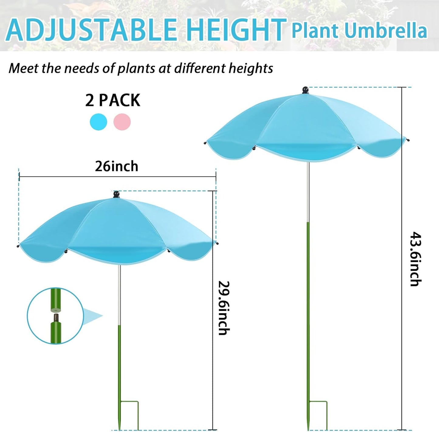 MJZ 2 Pack Plant Umbrellas for Outdoor Plants, 26" Garden Umbrella for Plants with Adjustable Angle, Plant Umbrella Provide Shade for Outdoor Plants Flower Pot Planting Beds (Pink, Blue)