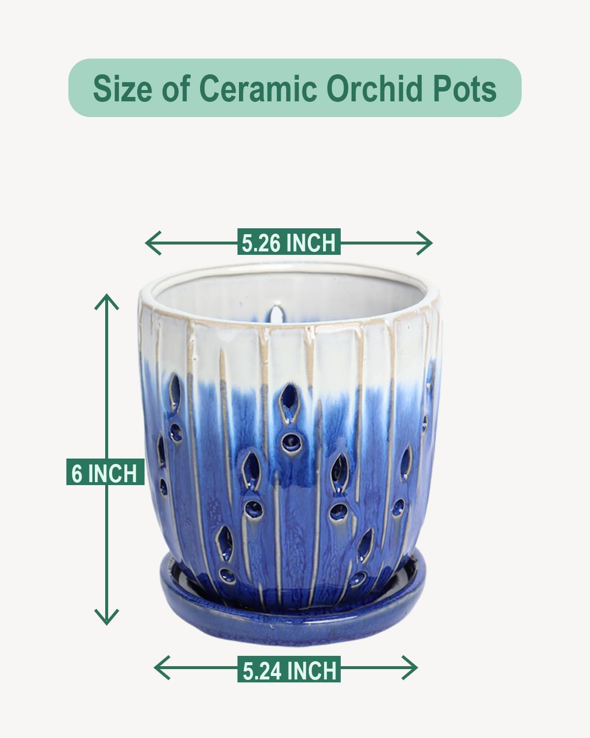 vensovo 6 Inch Ceramic Orchid Pot - Orchid Pot with Holes for Repotting, Ceramic Planter with Saucer for Indoor/Outdoor Plants, Blue