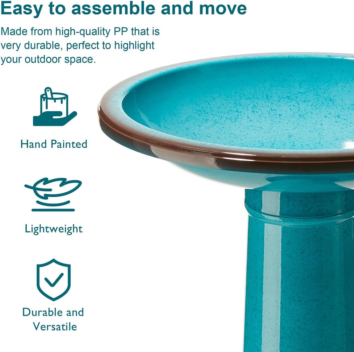 Glitzhome 21.5" H Plastic Turquoise Faux Ceramic Bird Bath for Outside, Hand-Painted Tall Pedestal Birdbath in Weather Resistant for Outdoor Patio Garden Backyard Decking