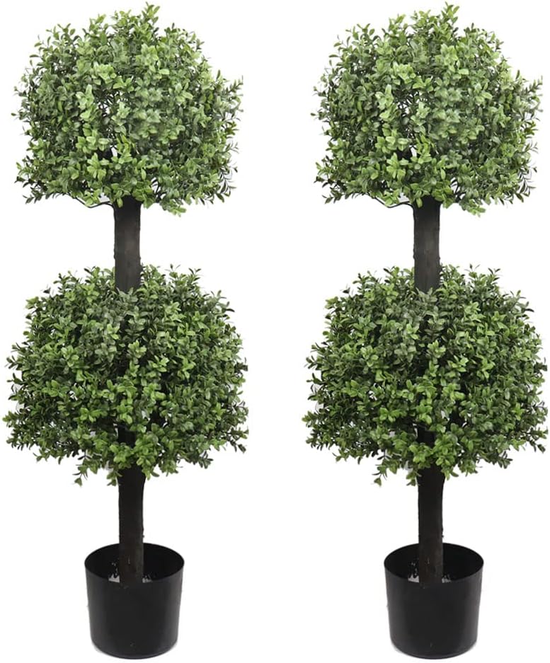 Artificial Topiary Trees Outdoor Boxwood Double Ball 40''T Potted Plants Home Decor 2 Pack