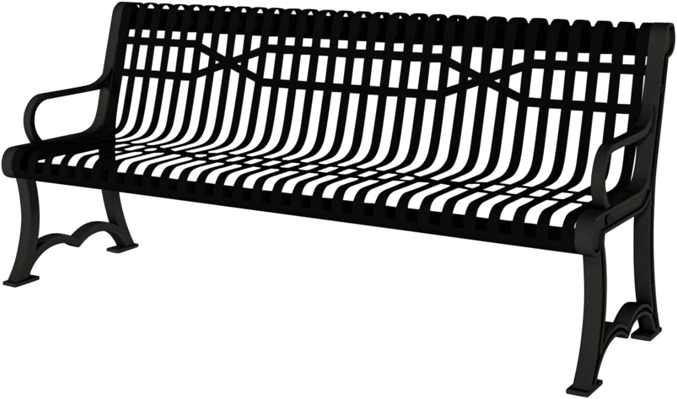 Coated Outdoor Furniture Heavy-Duty Outdoor Bench Thermoplastic Coated, Slatted Steel, Commercial-Grade Garden Bench, Made in America (Portable with Back, 4 Ft, Black)