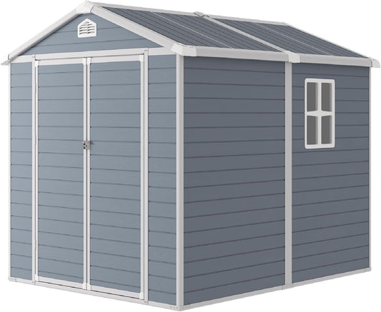 Storage Shed Plastic Outdoor Storage Shed Waterproof Container House with Lockable Door and Transparent Window for Garden, Lawn, Backyard, Patio (6x8FT)