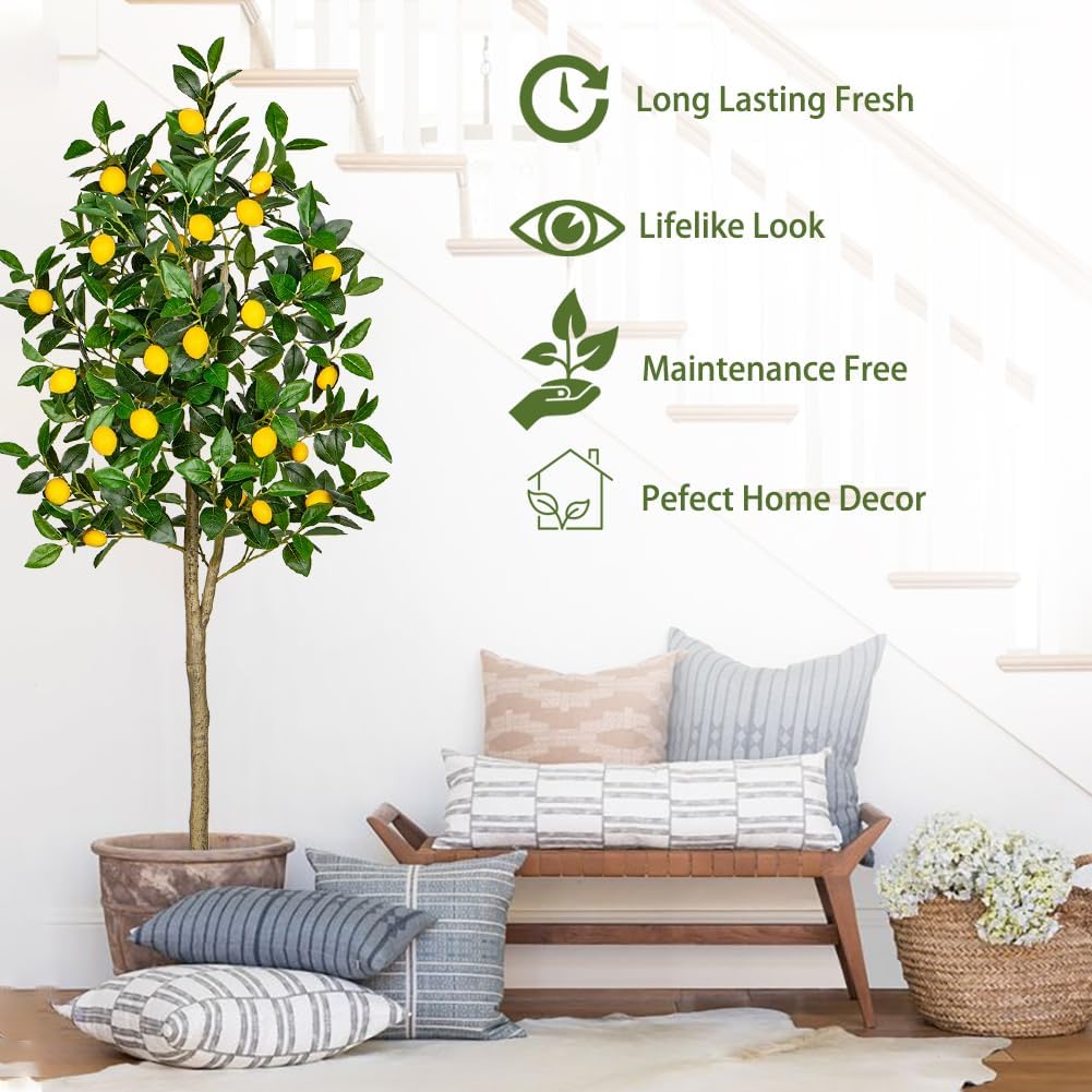 Artificial Lemon Tree 5ft Fake Lemon Plant in Pot Large Fake Floor Plants Faux Trees Indoor Lemon Decorations for Home Living Room Office