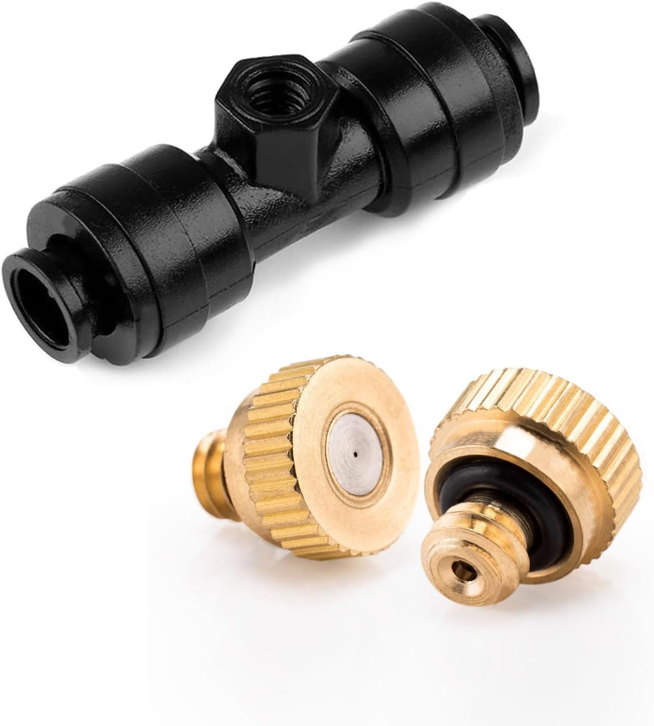 Brass & Black Misting Nozzles Kit - 20pcs Mister Nozzles & Tees with 2pcs Plugs for 1/4" Tubing and Outdoor Patio System