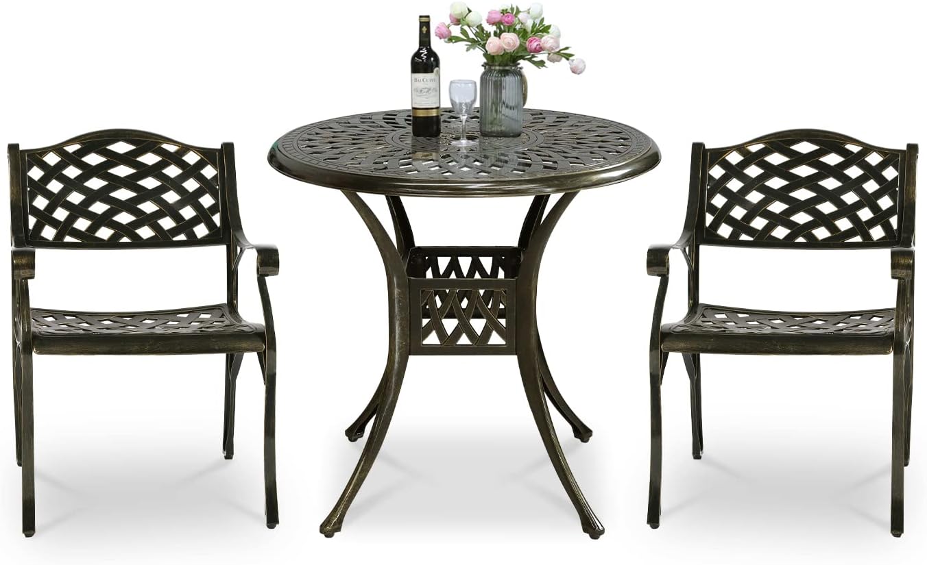 VIVIJASON 3-Piece Patio Bistro Set, All-Weather Cast Aluminum Outdoor Furniture Dining Set, Include 2 Chairs and 31" Round Table w/Umbrella Hole for Balcony, Lawn, Garden, Backyard, Antique Bronze
