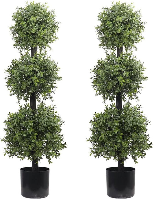 38''T Artificial Boxwood Topiary Triple Ball Outdoor Potted Plants Anti-UV Front Door Decor 2Pack