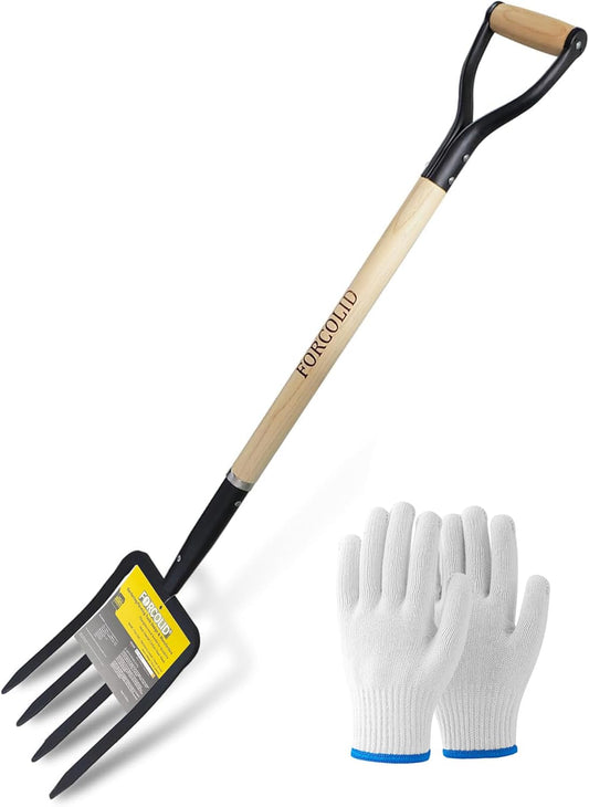 Garden Fork, 4-Tine Spading Digging Fork, Pitch Fork-45Inch, Forged Steel Y-Grip, Wood Handel