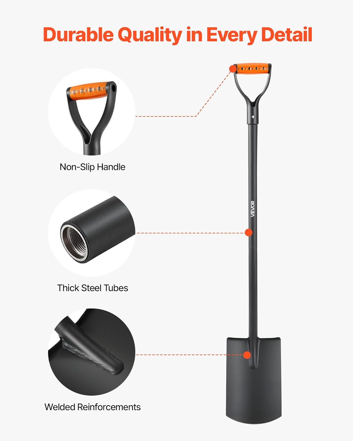 VEVOR Square Shovel, 48 in Heavy-Duty Flat Shovel, Transfer Shovels with Alloy Steel Blade and Non-Slip D-Handle, Detachable and Easy Storage, for Gardening, Construction, Digging, and Snow Shoveling