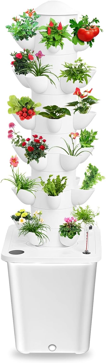 Set Hydroponic Growing Tower with 20L Tank, 6 Layers 30 Plants Indoor hydroponics Growing System kit, Soilless Cultivation Herbs Fruits Vegetables Vertical Planter Tower Kit (White)
