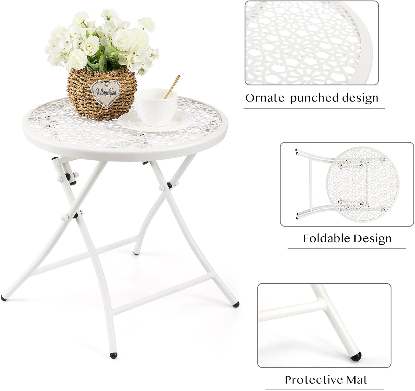 TeoKJ Folding Outdoor Side Tables, Anti Rust Small Patio Table Round Metal Nightstand with Flower Cutouts for Porch Yard Balcony Deck Lawn, White
