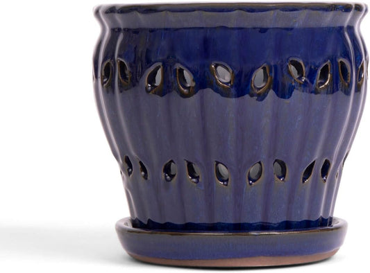 rePotme 6" Pinwheel Fluted Ceramic Plant Pot (Midnight Blue) - Great for Orchids, All Indoor Plants - Includes Matching 6 inch Slotted Pot Liner