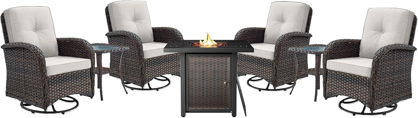7-Piece Modern Brown Patio Conversation Set - 4 Swivel Glider Chairs & 50,000 BTU Propane Fire Table