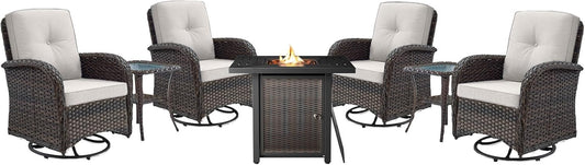 7-Piece Modern Brown Patio Conversation Set - 4 Swivel Glider Chairs & 50,000 BTU Propane Fire Table