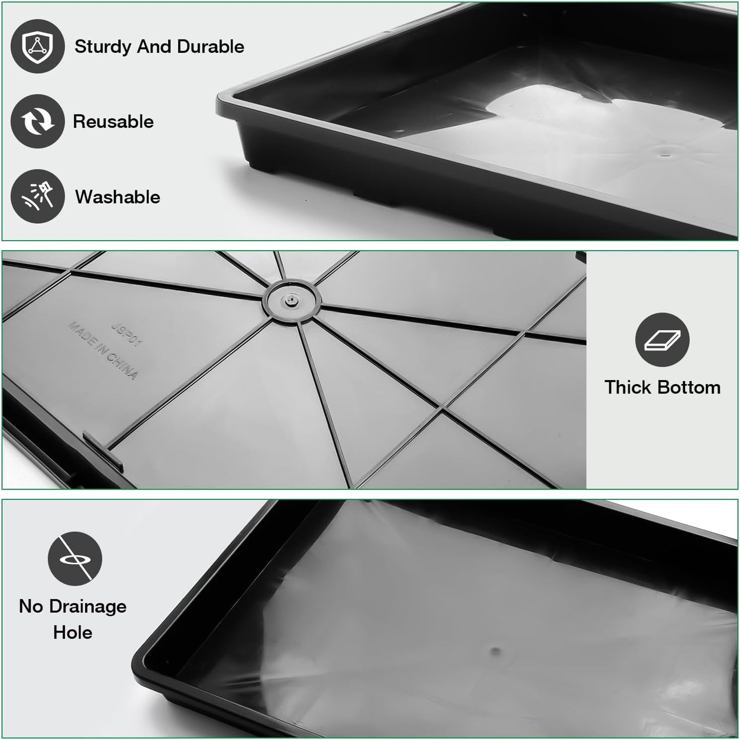 10 Pack Nursery Pots Trays (17"x11"x2"), Plastic Flat Seed Starter Trays, Durable Carrying Seedling Starter Tray, Reusable Tray for Planting and Collecting Drainage Water (Black)