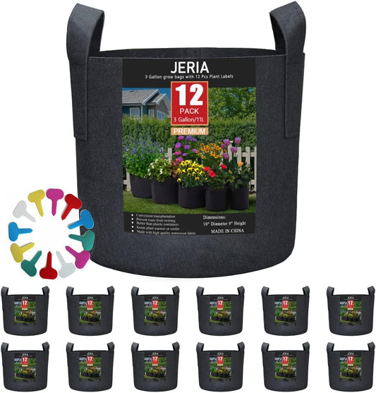JERIA 12-Pack 3 Gallon, Vegetable/Flower/Plant Grow Bags, Aeration Fabric Pots with Handles (Black), Come with 12 Pcs Plant Labels