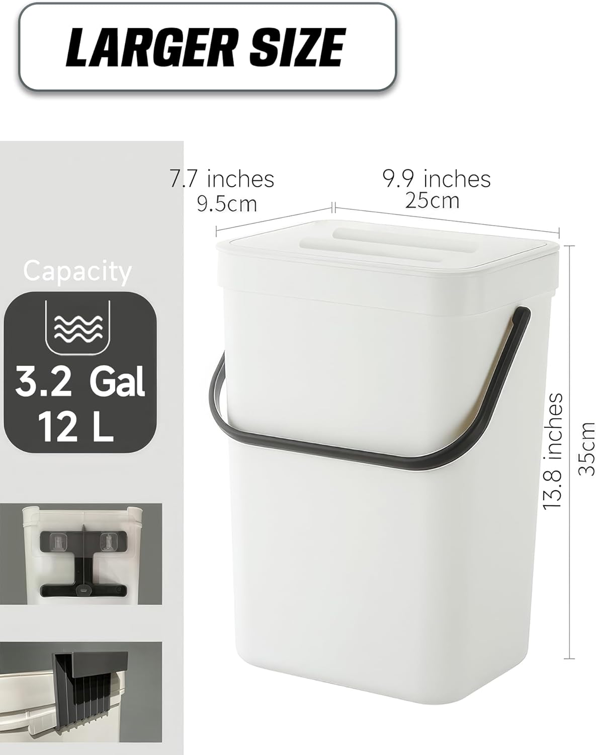Kitchen Compost Bin - 3.2 Gallons Hanging Trash Can with Lid for Kitchen Bathroom, Under Sink Trash Can, Outdoor Compost Bucket with Lid, 12L(White)
