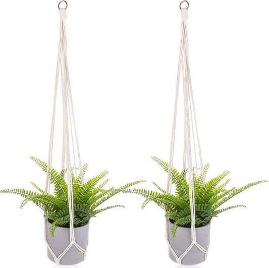 Macrame Plant Hanger, 2 Pack Boho Hanging Planters Baskets for Indoor Plants Decorative Braided Cotton Rope Flower Pot Holder with Metal Hook Rings for Outdoor Home Decor, No Tassels, Ivory, 34 Inchs
