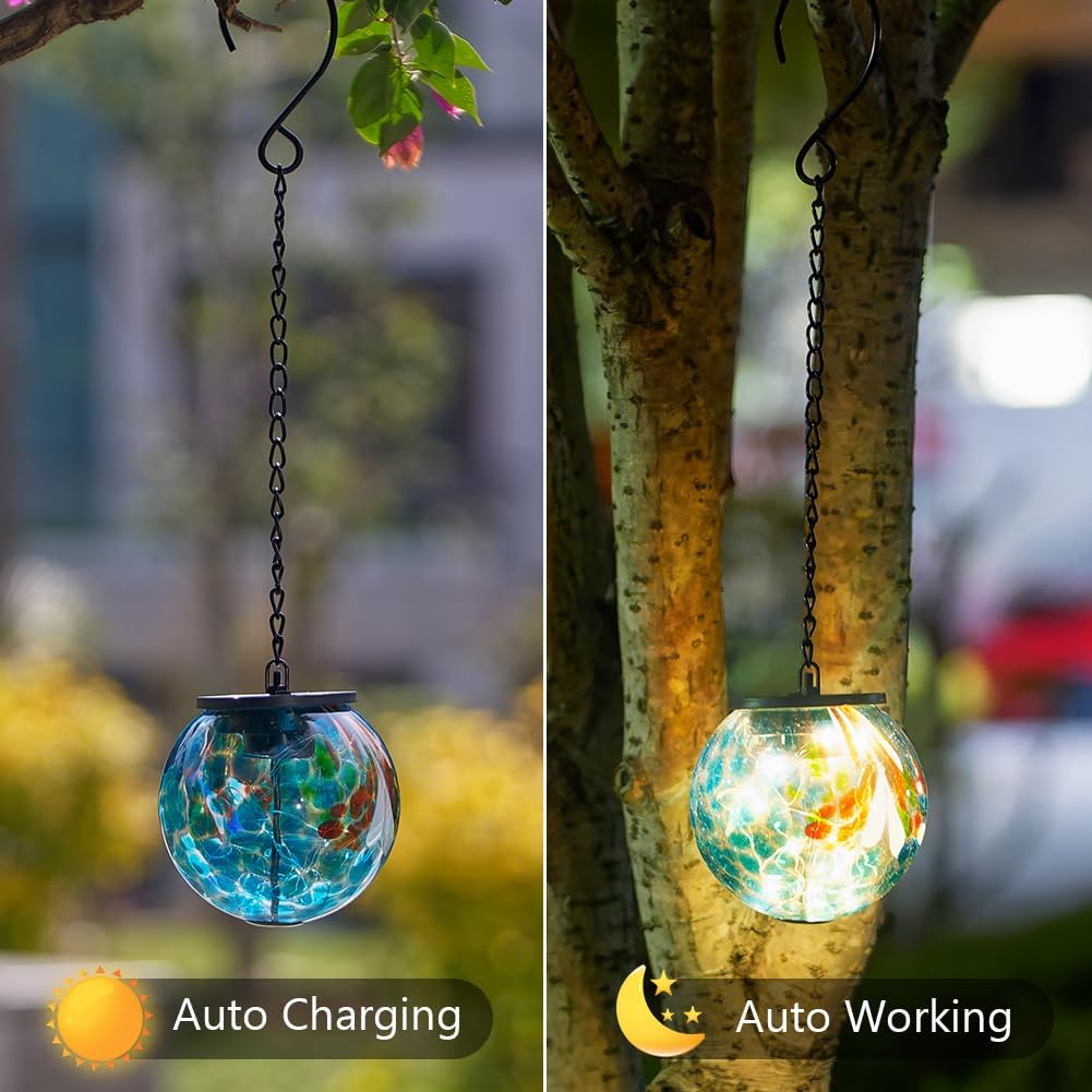 Solar Hanging Lanterns Outdoor, Solar Glass Gazing Ball Lights, Waterproof Led Globe Light for Garden Yard Tree Party Decorations, Colorful Dot