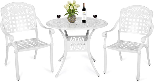 MEETWARM 3 Piece Patio Bistro Set, Outdoor All-Weather Cast Aluminum Dining Furniture Set Includes 2 Chairs and a 35.4” Round Table with Umbrella Hole for Garden Deck, White